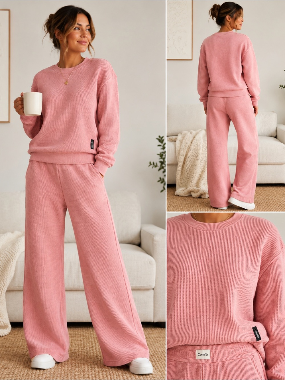 Comfrt Waffle Knit Lounge Set Pink Crewneck Sweatshirt Wide Leg Pants S